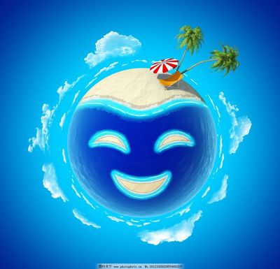 卡通創意地球素材圖片,環保地球 笑臉 藍色 大海 太陽傘-